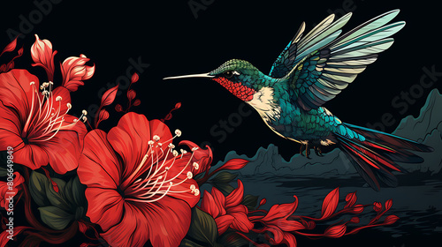 A vector image of a hummingbird sipping nectar.