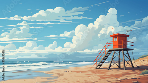 A vector image of a lifeguard tower on a sandy beach.