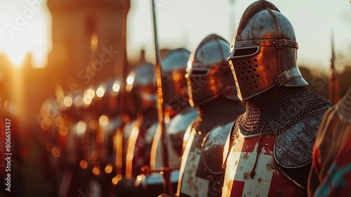 A vivid depiction of medieval knights in armor at golden hour, highlighting the intricate details of their armor and the noble aura of the chivalric era, perfect for historical and fantasy themes.