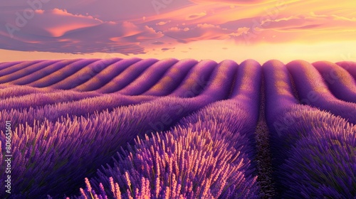 Sunset background featuring an abstract lavender field in purple and soft gold.