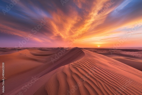 Discover the tranquil beauty of dawn in a desert landscape, with sand dunes glowing in the soft light of sunrise and the sky ablaze with hues, Generative AI