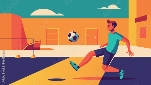In a rundown parking lot a lone freestyle soccer player showcases his mastery of the game bouncing the ball off of walls poles and even his own body.. Vector illustration