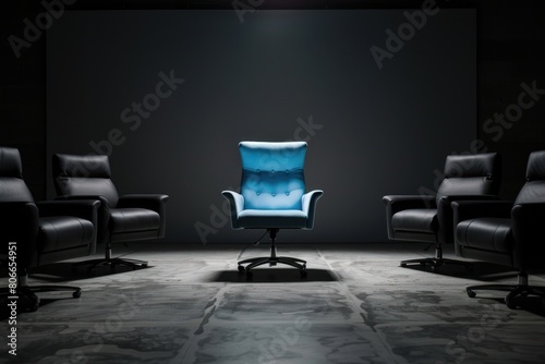 Regular chairs arranged in a row, and a distinctive gaming chair. The concept of convenience and the use of comfortable chairs, waiting room. 3D render, 3D illustration.