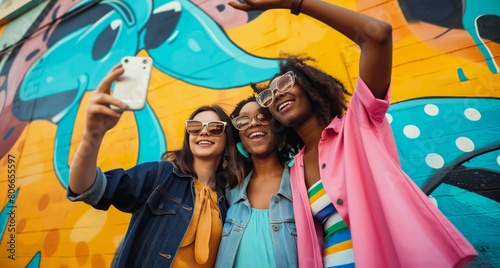 Friends taking selfie with colorful mural backdrop