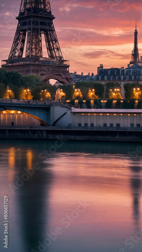 a bridge over a body of water with a building in the background Eiffel's Embrace A Pastel Sunset 