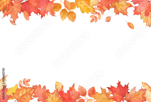 Autumn falling leaves frame. Copy space. Isolated watercolor border