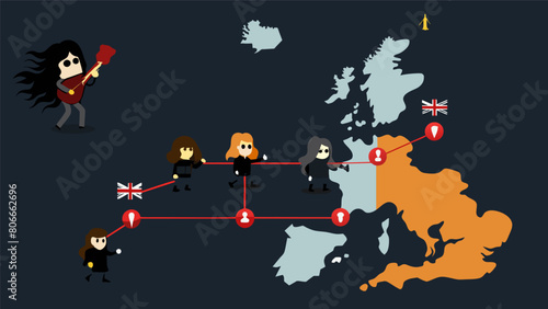 An interactive map tracing the roots and evolution of heavy metal music from its origins in the UK to its global reach today. Vector illustration