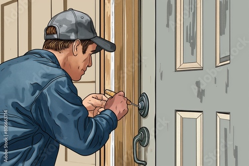 Highly skilled handyman expertly repairs and maintains a doorknob, providing detailed illustration of his meticulous work and professionalism, ensuring safety and satisfaction for the homeowner
