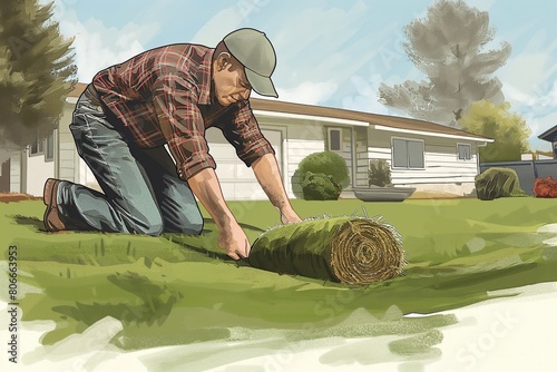 Illustrated landscaper carefully installs new sod in a sunny suburban lawn