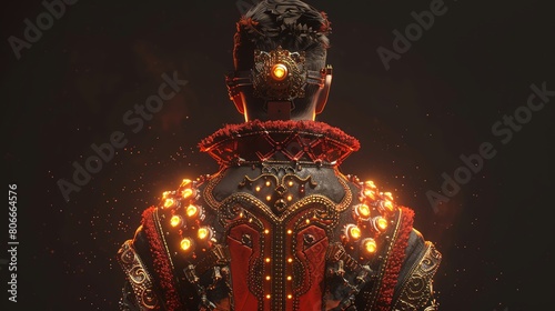 Craft a digital render of a steampunk prince adorned in a regal outfit featuring glowing jewels and steam-powered elements, showcasing intricate details in a unique pixel art style from the back view