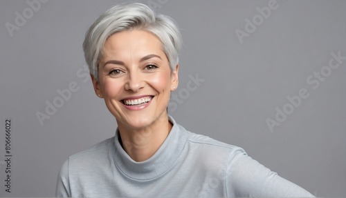 plain silver background happy lesbian woman looking at camera in studio shot portrait from Generative AI