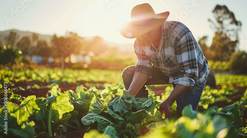 Farmer Harvesting Cabbage in Sunny Field. A farmer, wearing a straw hat, carefully harvests fresh cabbage in a sunlit agricultural field.