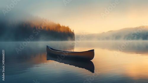 Serene Morning with Canoe on Misty Lake. A lone canoe floats on a calm, misty lake at sunrise, surrounded by a tranquil, foggy forest landscape.