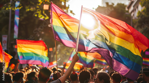 Pride Parade Celebration with Rainbow Flags. Vibrant scene at a pride parade showing a crowd waving rainbow flags under the bright sunlight, celebrating diversity and freedom. LGBTQ