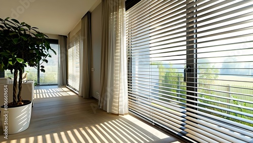 Automated blinds and curtains offer privacy in a room with a large window. Concept Smart Home Technology, Privacy Solutions, Automated Window Treatments