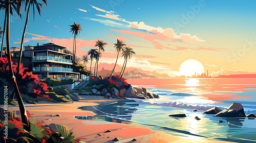 A vector representation of a tropical resort by the sea.