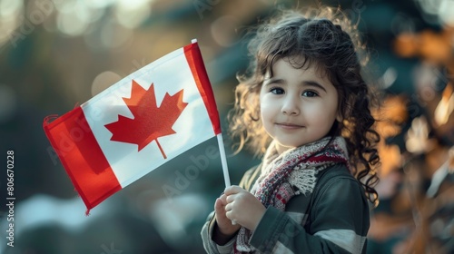 A little girl child holding a Canadian flag outdoors with autumn leaves in the background