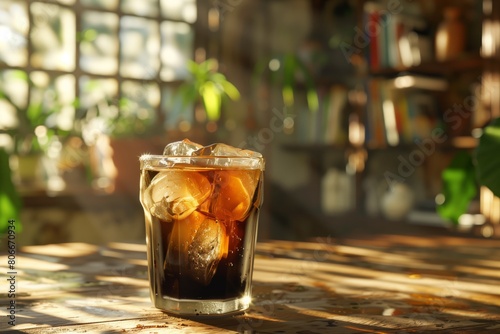 Iced coffee in a glass on a sunny cafe table