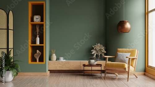 Modern wooden living room has an yellow armchair on empty dark green wall background- 3D rendering