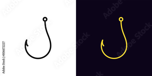 Outline fishhook icon, with editable stroke. Hook sign, symbol of internet fraud and deceit. Cyber security, bait and trick, digital threat, data theft and fraud, web phishing, scam. Vector icon