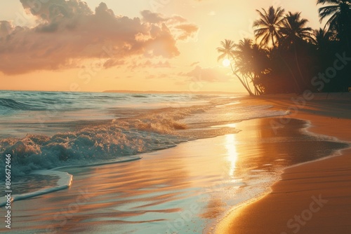 Golden sunset illuminating tropical beach and ocean waves