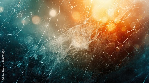 Fractured background, Blur lens flare, Dark shattered distressed dirty faded screen matrix texture with dust scratches smeared stains defocused orange blue white glow