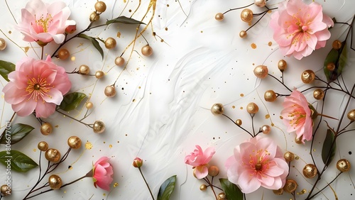 White paper with pink flowers golden buds green leaves and gold veins. Concept Floral Arrangements, Wedding Decor, Spring Blooms, Elegant Design, Botanical Illustrations
