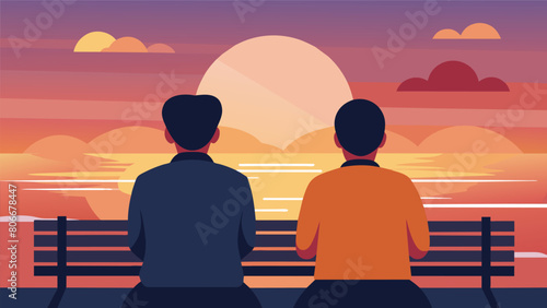 Two strangers sitting side by side on a bench both watching the sunset with a shared sense of awe and wonder..