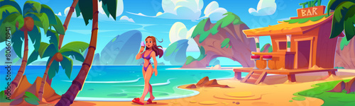 Young woman eating ice cream on summer beach. Vector cartoon illustration of girl in swimsuit, wooden bar house, tropical landscape with palm trees, rocky stones in sea water, blue sky with clouds