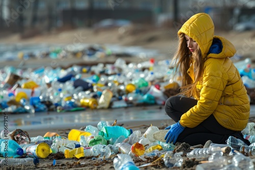 A young woman in a yellow jacket is saddened by the pollution, surrounded by plastic waste on a beach.