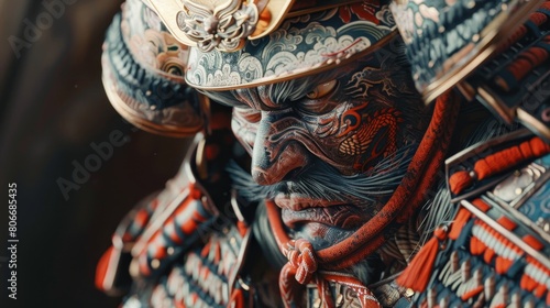 Powerful portrayal of a samurai warrior in Japanese tattoo art, detailed armor and fierce expression, rich with personal meaning, against an isolated background