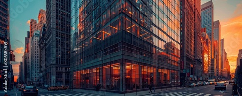 The sunset hues reflecting on the smooth glass surfaces of urban skyscrapers in a cityscape. banner