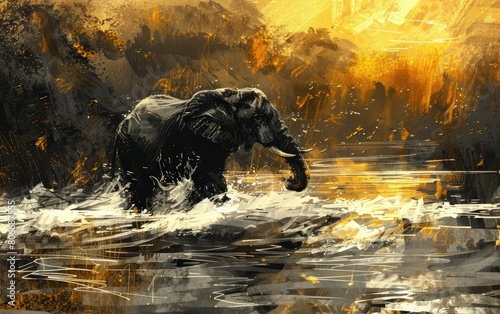 An Elephant Forges Across the Mighty River's Flow, Generative ai.