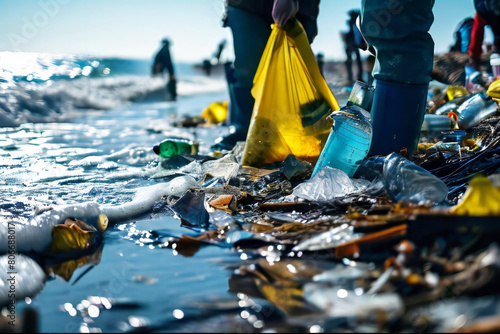 beach is littered with trash, including plastic bottles and bags