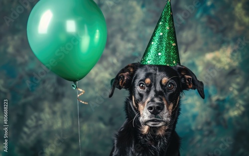 Dog Dons Shimmering Hat and Holds Green Balloon, Generative ai.