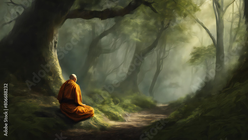 A man is sitting in forest, meditating