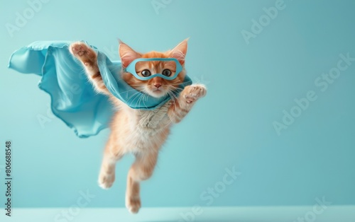 Cute Orange Tabby Kitty Strikes a Heroic Pose in Blue, Generative ai.