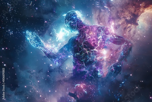 A celestial being, the whole is made of transparent material, all parts and internal structure are clearly visible, the background is the vast expanse of the universe dotted with galaxies and stars