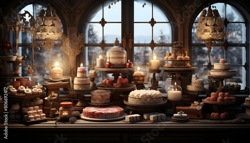 Cake shop window with a beautiful view of the old city.