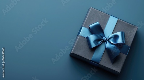 luxury gift box with a blue bow on blue, side view monochrome, Fathers day or Valentines day gift for him, Corporate gift concept or birthday party