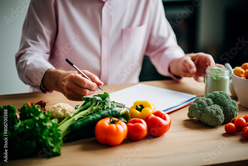 Senior man discussing his dietary needs with a professional, surrounded by fresh vegetables, focusing on healthy eating.