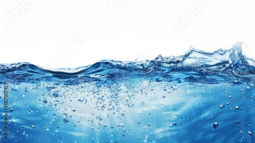 Many bubbles in water close up, abstract water wave with bubbles ,Water and air bubbles over white background with space for text, Blue water wave and bubbles to clean drinking water