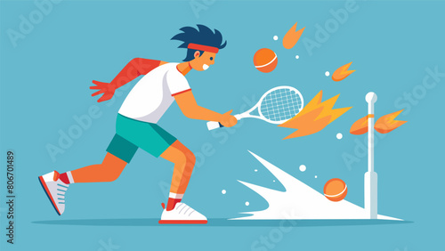 A player gritting his teeth and focusing on his footwork as he prepares to return a barrage of balls from the highspeed tennis machine.. Vector illustration