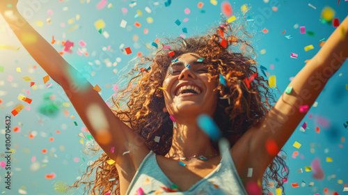 A joyful woman with arms raised, surrounded by colorful confetti, celebrating under a bright sky, conveying a sense of happiness and freedom.