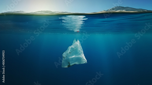 view under the water of a plastic bag sinks and goes under water , Pollution of oceans, Plastic bag environment pollution, trash on sea , A threat to fish wealth