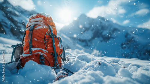 An orange backpack covered with snowflakes lies on a snowy ground with mountain peaks in the background under a bright sky, suggesting a winter adventure.