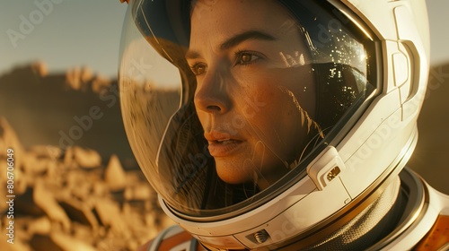 Astronaut in spacesuit helmet gazing thoughtfully into distance on a barren, rocky terrain resembling Mars at dusk.