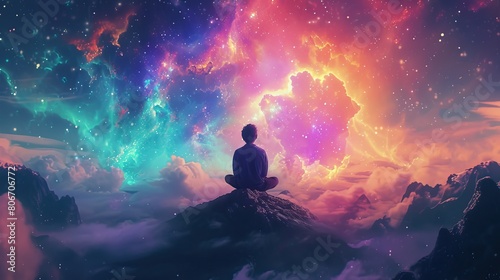 Cosmic Meditation. A person meditating on a mountain peak with a vibrant cosmic sky filled with stars and nebulae in the background.