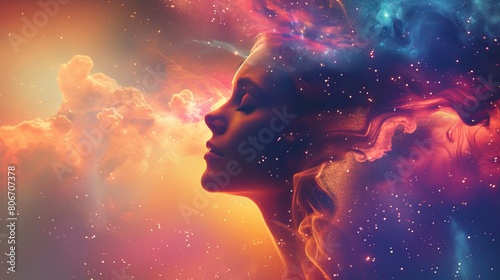 Cosmic Beauty. A surreal portrait of a woman with her profile merging into a vibrant cosmic sky, featuring clouds and stars, symbolizing a blend of human and universe.