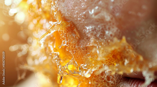 Macro close-up of glistening honey dripping from plump lips, highlighting texture and shine.